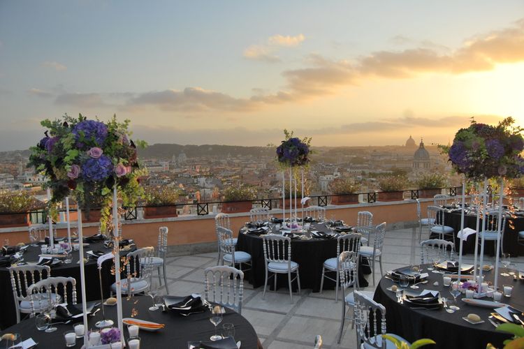 luxury wedding reception: Exclusive set up wedding reception in Rome at the sunset